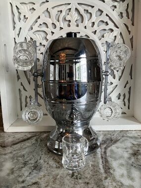 Vintage Chrome Color Decanter Samovar with 5 Miniature Glass Mugs MCM Barware